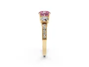 Fancy Pink Cushion Cut Diamond Three-Stone Ring Set in Yellow gold with Round Side Stones and Pavé Band