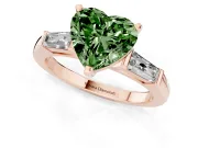 Fancy Green Heart Cut Diamond Solitaire Ring Set in Rose gold with Tapered Baguette Side Stones and Prong Setting