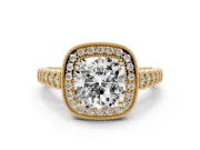 Cushion Cut Milgrain Halo Engagement Ring Setting | Graduated Bezel Accents | Yellow Gold