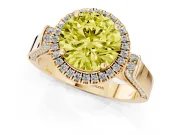 Round Halo Engagement Ring Setting for a Fancy Yellow Lab-Grown Diamond | Pavé Panel Shoulders | Yellow Gold