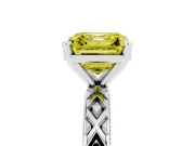 Fancy Yellow Asscher Cut Diamond Solitaire Ring Set in Platinum with Milgrain and Black Enamel X Pattern Band