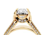 Emerald Cut Diamond Pavé Split Shank Solitaire Ring Set in Yellow gold with Prong Setting