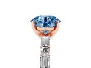 Fancy Blue Round Cut Diamond Solitaire Set in Rose gold with Side Baguettes and Channel Set Band