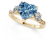 Heart-Shaped Hidden Halo Three Stone Engagement Ring Setting for a Fancy Blue Lab-Grown Diamond | Yellow Gold