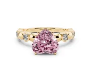 Fancy Pink Heart Cut Diamond Solitaire Ring Set in Yellow gold with Bezel-Set Accents on Beaded Band and Prong Setting