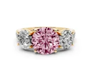 Round Three Stone Engagement Ring Setting for a Fancy Pink Lab-Grown Diamond | Accented Shoulders | Yellow Gold