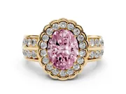 Fancy Pink Oval Cut Diamond Scalloped Halo Ring Set in Yellow gold with Pavé Split Shank