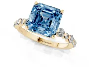 Fancy Blue Asscher Cut Diamond Prong Set Engagement Ring Set in Yellow gold with Round Accent Pavé Band