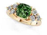Fancy Green Cushion Cut Diamond Solitaire Ring Set in Yellow gold with Cluster Accents on Each Side