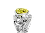 Fancy Yellow Heart Cut Diamond Halo Ring Set in White gold with Marquise and Pavé Band in Prong Setting