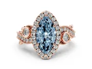 Fancy Blue Marquise Cut Diamond Halo Ring Set in Rose gold with Milgrain Pavé Band and Prong Setting