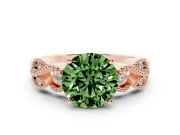 Fancy Green Round Cut Diamond Milgrain Leaf Band Solitaire Ring Set in Rose gold with Accent Stones and Prong Setting