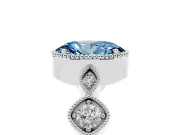 Fancy Blue Oval Cut Diamond Vintage-Inspired Milgrain Ring Set in White gold with Marquise Stations of Round Accents