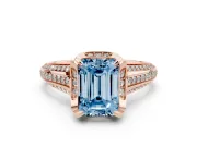 Fancy Blue Emerald Cut Diamond Pavé Split Shank Solitaire Ring Set in Rose gold with Prong Setting