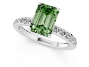 Fancy Green Emerald Cut Diamond Solitaire Set in Silver with Round Pavé Band and Prong Setting