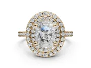 Oval Lab-Grown Diamond Double Halo Statement Ring Set in Yellow Gold with Pavé Band