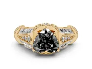 Fancy Black Heart Cut Diamond Vintage-Inspired Milgrain Ring Set in Yellow gold with Accent Split Shank