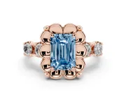Emerald Cut Floral Engagement Ring Setting for a Fancy Blue Lab-Grown Diamond | Petal Frame and Side Stones | Rose Gold