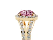 Round Halo Engagement Ring Setting for a Fancy Pink Lab-Grown Diamond | Pave Split Shank | Yellow Gold