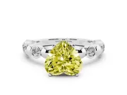 Fancy Yellow Heart Cut Diamond Solitaire Ring Set in Platinum with Bezel-Set Accents on Beaded Band and Prong Setting