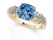 Cushion Cut Side Stone Engagement Ring Setting for a Fancy Blue Lab-Grown Diamond | Shoulder Clusters | Yellow Gold