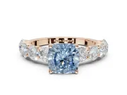 Cushion Cut Side Stone Engagement Ring Setting for a Fancy Blue Lab-Grown Diamond | Scalloped Prong Accents | Rose Gold