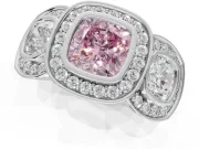 Cushion Cut Three Stone Halo Engagement Ring Setting for a Fancy Pink Lab-Grown Diamond | Platinum