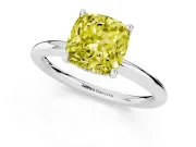 Fancy Yellow Cushion Cut Diamond Solitaire Ring Set in White gold with Thin Band and Prong Setting