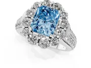 Fancy Blue Radiant Cut Diamond Halo Engagement Ring Set in Silver with Split Shank and Prong Setting