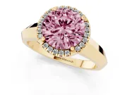 Fancy Pink Round Cut Diamond Halo Ring Set in Yellow gold with Cathedral Band and Prong Setting