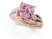 Fancy Pink Princess Cut Diamond Solitaire Ring Set in Rose gold with Layered Twist Pavé Band
