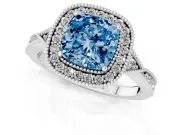 Fancy Blue Cushion Cut Diamond Halo Engagement Ring Set in Platinum with Milgrain Pavé Band