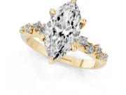 Marquise Cut Diamond Solitaire Vine Band Ring Set in Yellow gold with Round Accents and Prong Setting