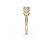 Cushion Cut Three Stone Engagement Ring Setting for a Fancy Pink Lab-Grown Diamond | Tapered Pave Band | Yellow Gold