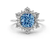 Cushion Cut Cluster Halo Engagement Ring Setting for a Fancy Blue Lab-Grown Diamond | Two-Size Accents | Sterling Silver