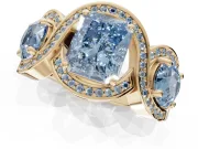 Radiant Cut Three Stone Halo Engagement Ring Setting for a Fancy Blue Lab-Grown Diamond | Pavé Wave Band | Yellow Gold