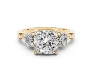 Cushion Cut Hidden Halo Three Stone Engagement Ring Setting | Pave Gallery | Yellow Gold