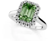 Fancy Green Emerald Cut Halo Round Diamond Solitaire Ring Set in White gold with Pavé Band and Prong Setting