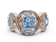 Radiant Cut Three Stone Halo Engagement Ring Setting for a Fancy Blue Lab-Grown Diamond | Pavé Wave Band | Rose Gold