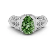 Fancy Green Pear Cut Diamond Vintage-Inspired Milgrain Ring Set in White gold with Accent Split Shank