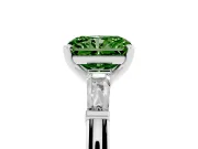 Fancy Green Radiant Cut Diamond Solitaire Ring Set in Platinum with Tapered Baguette Side Stones and Prong Setting