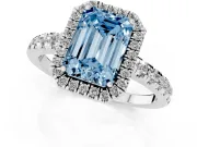 Fancy Blue Emerald Cut Diamond Halo Ring Set in Platinum with Delicate Pavé Band and Prong Setting