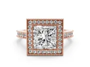 Princess Cut Vintage Milgrain Halo Engagement Ring Setting | Bezel Head | Rose Gold