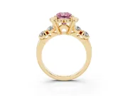 Fancy Pink Radiant Cut Diamond Floral Halo Ring Set in Yellow gold with Shared Prong Band