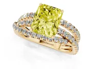 Fancy Yellow Radiant Cut Diamond Solitaire Twist Band Ring Set in Yellow gold with Pavé Setting and Prong Head
