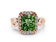 Fancy Green Radiant Cut Diamond Halo Ring Set in Rose gold with Scrollwork Band and Prong Setting