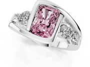 Fancy Pink Radiant Cut Diamond Bezel Bypass Ring Set in White gold with Round Accents