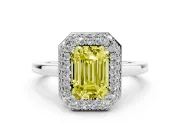 Fancy Yellow Emerald Cut Diamond Halo Engagement Ring Set in Silver with Solitaire Band and Prong Setting
