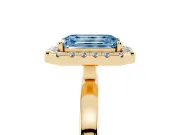 Fancy Blue Emerald Cut Diamond Halo Solitaire Ring Set in Yellow gold with Pavé Band and Prong Setting