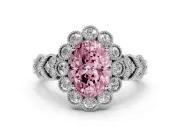 Oval Scalloped Halo Engagement Ring Setting for a Fancy Pink Lab-Grown Diamond | Heart Pavé Band | White Gold
